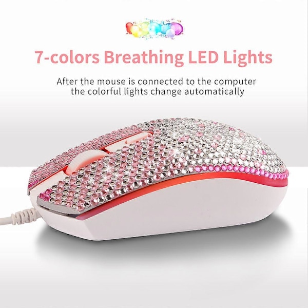 Fargerik for Rhinestone Trådløs USB Optisk Mus Ergonomisk 1600dpi Ledningsmus Plug & Play Lydløs Knapp for Kvinne Jente