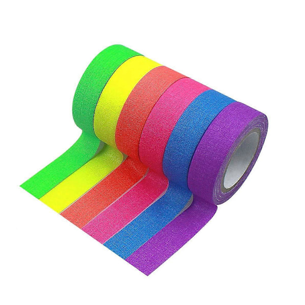 6 Ruller Fluorescerende Klæbebånd, Lysende Neon Gaffer Tape, Selvklæbende UV Sortlys Reaktiv Spike Tape Gløder i Mørket