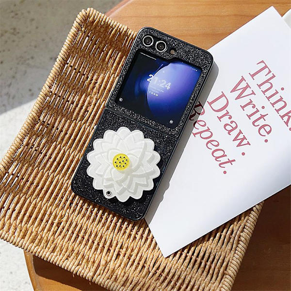 Bling Glitter-etui til Samsung Galaxy Z Flip 6, Sød Blomst med Skjult Spejl, Tyndt PC-etui, Stødsikkert Beskyttende Cover til Kvinder og Piger