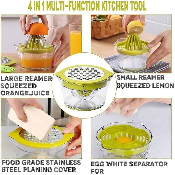 4-i-1 Funksjonell Saftpresser, Sitrus Lemon Oran Håndpresser Eggseparator Med 2 Anti-Skli Reamere, Ser, Rivjern Og Måling (13oz