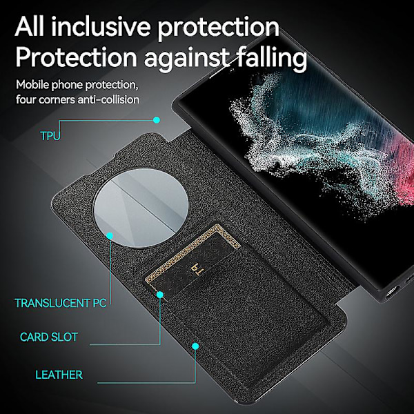 Fodral för Samsung Galaxy S24 Ultra, Smart Sömn/Väckningsfunktion Fönster Visa Premium Läder Flip Cover med Kortplats Stativ