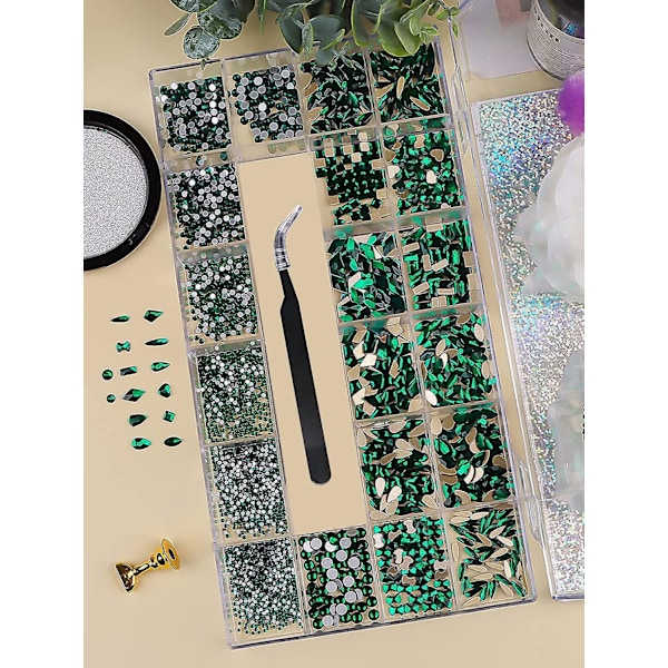 3100 st Professionella Nagelstenar Set Grön Nagelkonst Kristallstenar För Naglar Blandade Former AB Nagelstenar Juveler Med Stenplockare Punkt