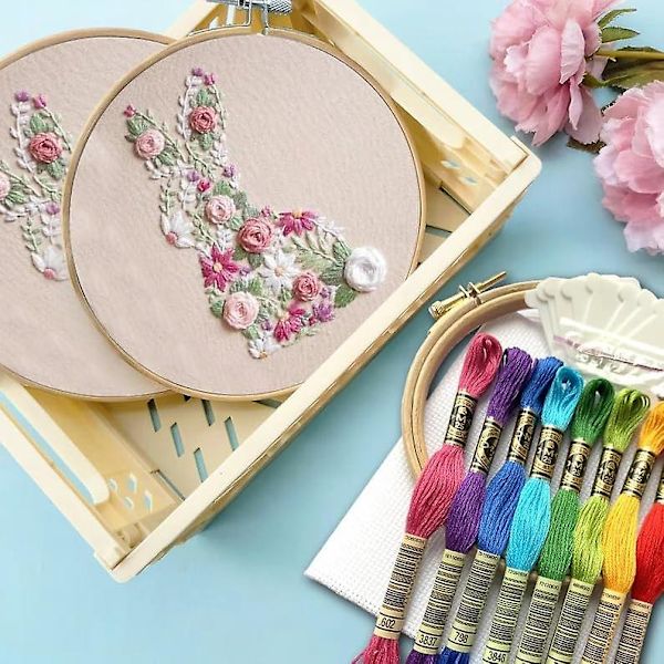 Bunny in Bloom Påskebroderikit, Påskekanin i Blomst Broderikit for Begynnere, DIY Hånd Broderi Påske Korssting Startersett