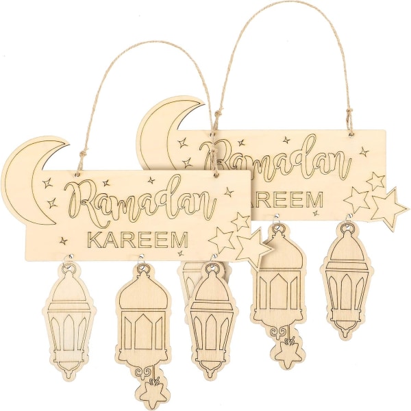 2 Pieces Islam Ramadan Wooden Hanging Plaque Sign Lantern Pendant Ornament Wall DIY Home Decoration for Eid Ramadan