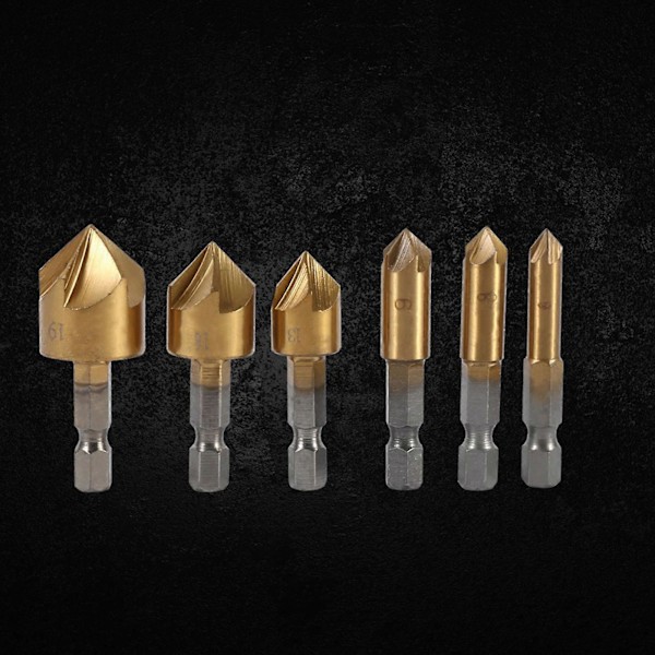 6 st HSS Fasningsslipar 1/4\" Hexskaft 90 Grader Träfasningsslipar 6mm-19mm