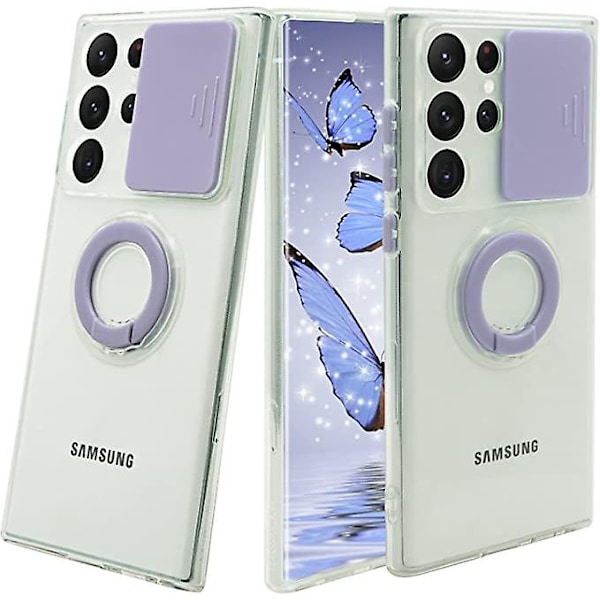 Designet for Samsung Galaxy S21 Ultra etui med skyvekameraobjektivbeskytter og ringstativholder, myk ultra tynn krystallklar støtsikker telefonveske