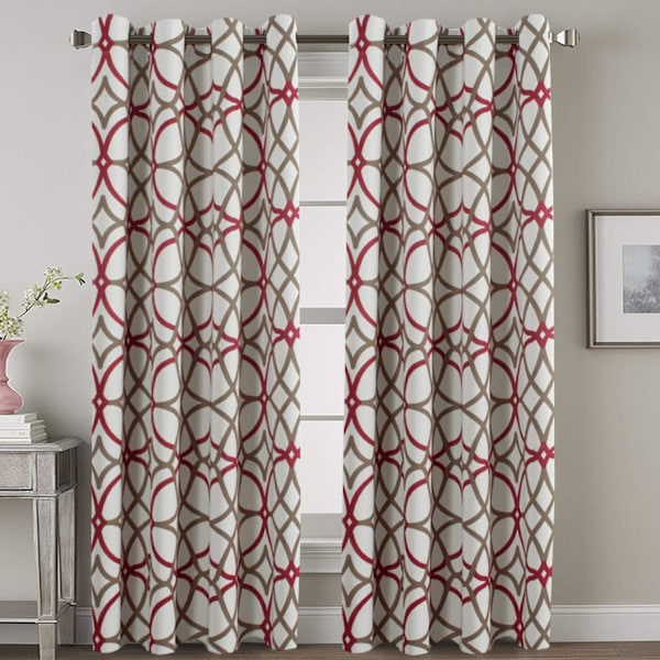 Thermal Insulated Blackout Grommet Curtain Drapes for Living Room-52 inch Width by 84 inch Length-Set of 2 Panels-Gray Red Geo Pattern