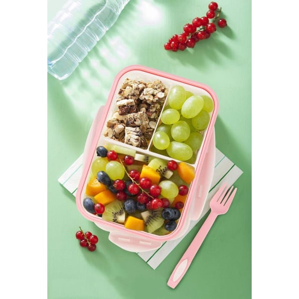 1400 ml rosa lunchlåda med tre fack och bestick (gaffel och sked), Bento-låda för barn och vuxna