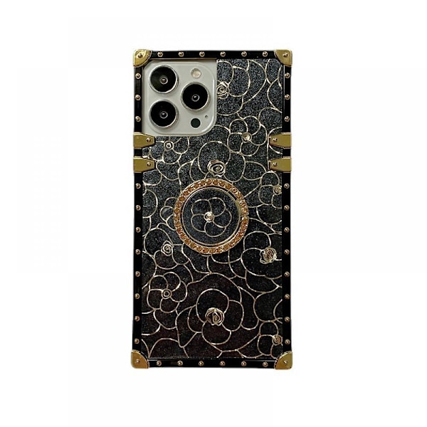 Firkant Formet Sød Cover til Piger Kvinder TPU Luksus Sort Etui Stødsikkert Beskyttende Robust Etui Passer til iPhone 13 Pro Max med Ringholder Blomst Design