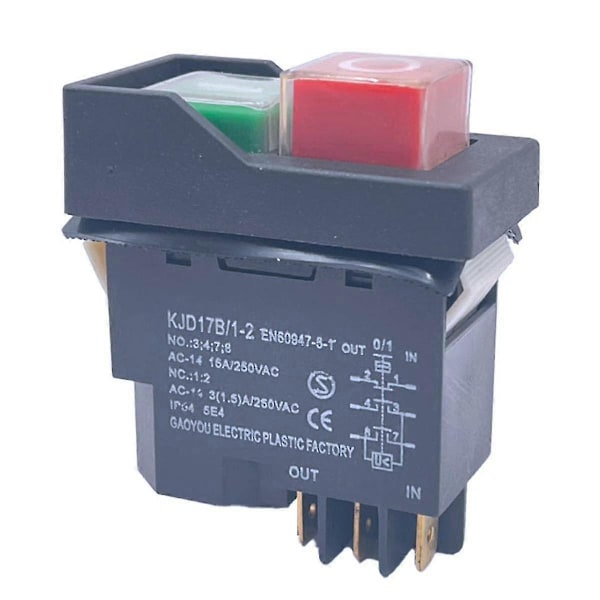 KJD17 6-pins elektromagnetisk startknappbryter 15A AC250V IP55 vanntett utstyr sikkerhetsbryter