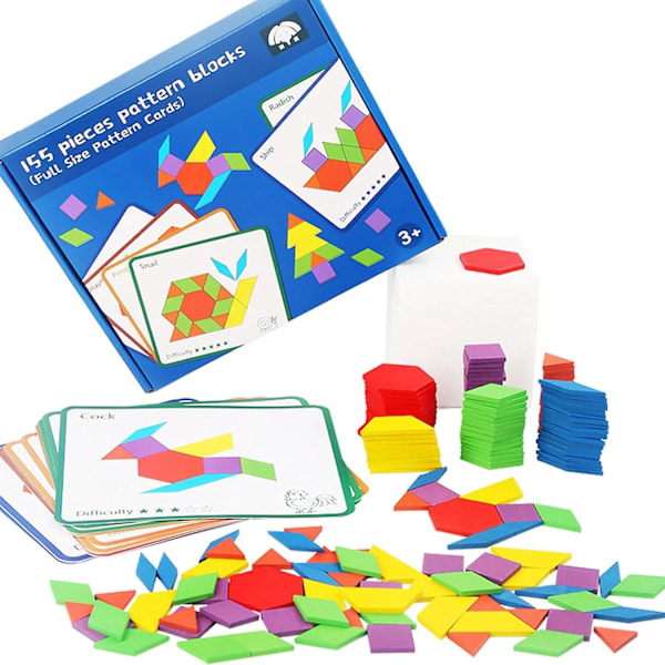 155 stk Tre Mønsterblokker, Mønsterblokker Geometriske Former Blokker med Kort Tangram Puslespill for Barn i Alderen 4-8 Tidlig Utdanning Leke
