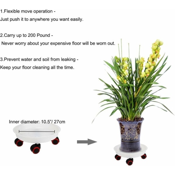 Rund blomvagn med hjul, medium plastförpackning, 4 stycken, plastblomvagn, transporthjälp för växter,