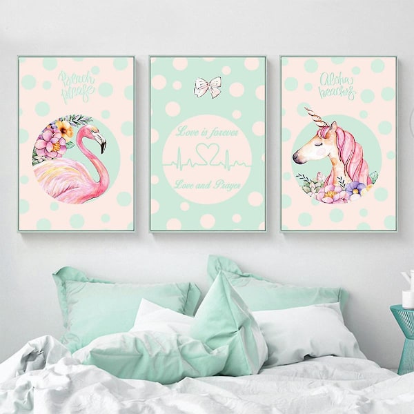 Wekity Enhjørninger og Flamingoer Veggkunst Lerretstrykk Poster, Enkel Mote Dame Stil Kunsttegning Dekor for Hjem Stue Soverom Kontor og Barn