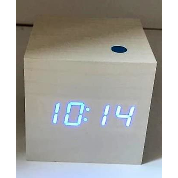 LED-bordsklocka (Träram - Vit siffror - Blå LED-belysning)