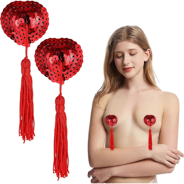 Brystvorte Dæksler, Genanvendelige Klæbende Brystvorte Stickers, Sexy Tassel Glans med Tassel til Par Rolleleg Kostume Party Tilbehør (Rød)