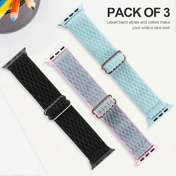 Stretchiga Nylon Solo Loop-band Kompatibla med Apple Watch 42mm/44mm/45mm, Armband för iWatch Serie 7/6/5/4/3/2/1 SE, 3-pack N 42 Svart/Elektrisk Rosa/S