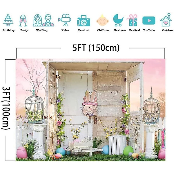 Forårs Glad Påske Pink Himmel Foto Baggrunde Kanin Farverige Æg Grønt Græs Baggrund Vinyl 5x3ft Børn Nyfødt Fest Foto Baggrund Piger Bir