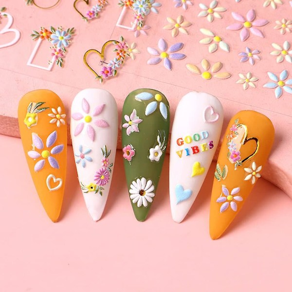 Blomster Nagelsticker Vår Sommar 5d Ihålig Utsökt Mönster Färgglada Blomster Nageldekaler Daisy Kanin Blomster Nagelsticker Nageldesign För Acryl