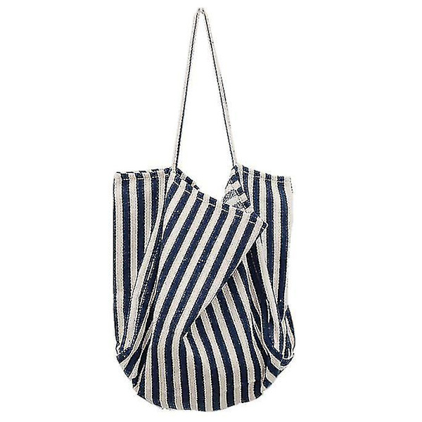 Stribet Canvas Tote Bag Genanvendelig Bomuldsstof Opbevaringsindkøbspose Kludpose (blå Hvid) (1 stk)