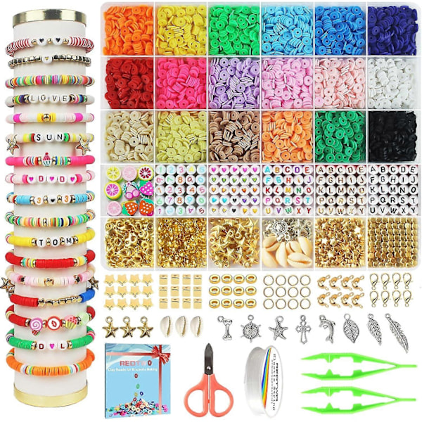 5100 Lerkulerperler Armbåndsfremstillingskit, Flade Preppy Perler til Venskabssmykker, Polymer Heishi Perler med Charms Gave til Teen Piger Håndværk til