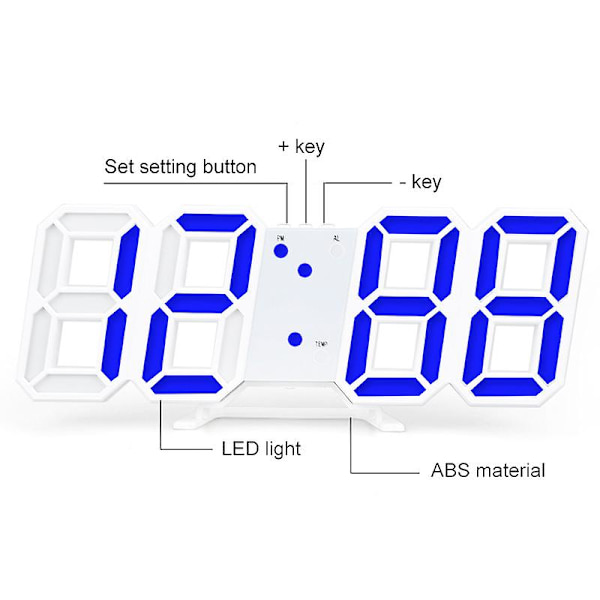 Digital 3D LED Stor Vägg- och Skrivbordsväckarklocka Snooze 12/24 Timmar Automatisk Ljusstyrka USB