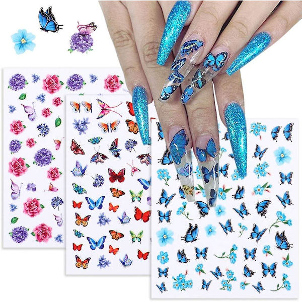 Fjärilsblommor Nagelkonst Dekaler 3d Nagelkonst Tillbehör Fjäril Nagelkonst Dekaler Självhäftande Folie Tatuering Charms Blommigt Blad Fjäril Nai