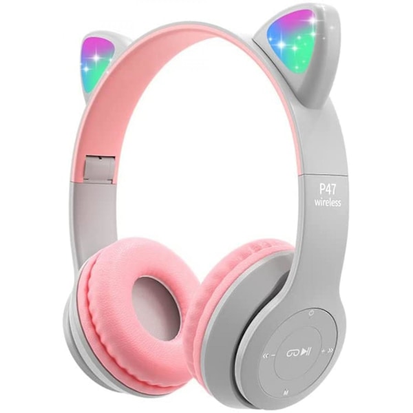 Langattomat lasten kuulokkeet, Bluetooth-mikrofonilla varustetut kuulokkeet, kissan korvat LED-valoilla, lasten kuulokkeet, TF-kortti/langallinen taitettava kuuloke, tytöille ja pojille