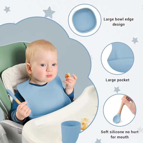 10-delad barnmatset med sugkopp, sugkoppstallrik, trähandtag, gaffel, silikonbabysnabba, silikonbarnserviser 9