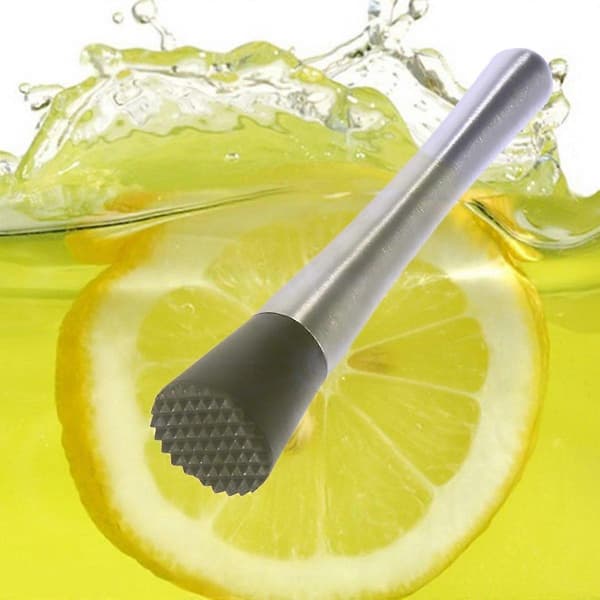 Cocktail-muddler, vinstirrer og isknuser i rustfritt stål med rillet plasthode