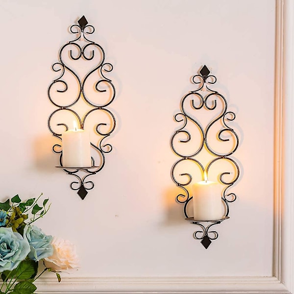 Set med 2 Tealight-hållare Väggmonterade Metall Ljusstakar, Ljusstake för Vägg Sovrum Badrum Vardagsrum Dekoration, Svart