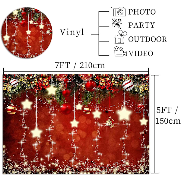 Glitrende stjerner rød julebakgrunn for fotografering vinyl 7x5ft glitter gnistrende juletre julekule tre god nyttår dekor julefoto