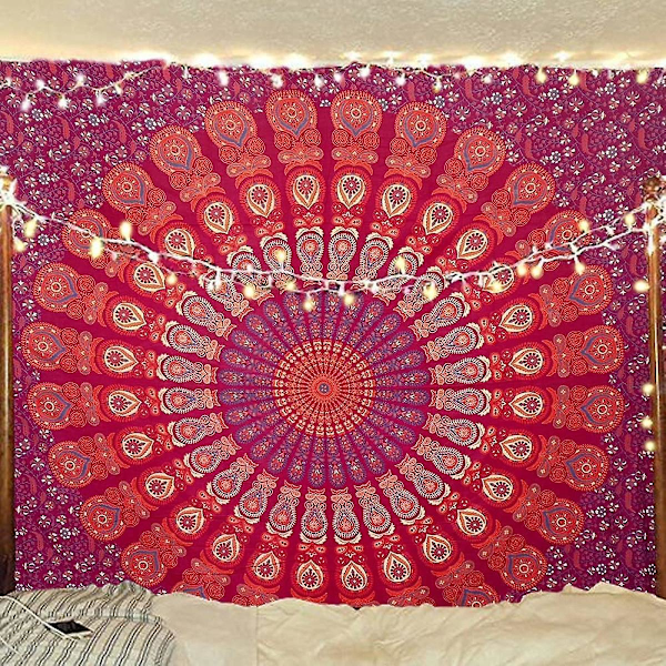 Wekity Hippie Bohemisk Psykedelisk Gyllene Blå Påfågel Mandala Väggbonad Sängkläder (Blå Röd, Storlek: 70.9\" x 90.6\")