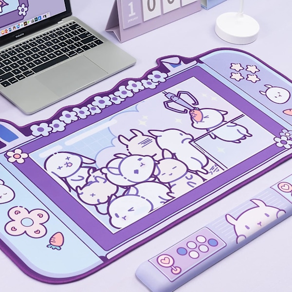 Stor Kanin Musematte og Håndleddstøtte Sett - 30,5'' X 16'' Sklisikker Gummisokkel Skrivebordspute og Håndleddstøtte - Laptop Skrivebordmatte for Spill, Skriving