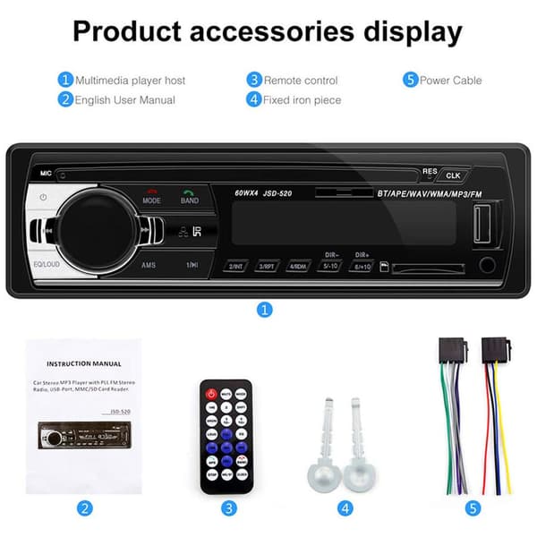 JSD520 Uusi malli varastossa: Yksinkertainen DIN-auton Bluetooth MP3-soitin FM-radiolla, USB/SD-korttituki ja Bluetooth-yhteys.