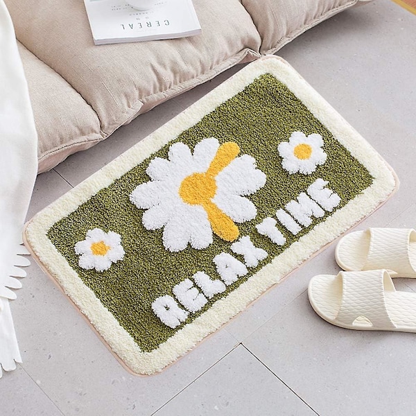 Badmatta Halksäker Super Mysig Matta Daisy Mönster Plysch Matta, Maskintvättbar, Tjock Modern För Badrum Sovrum (16\" X 24\", Grön)