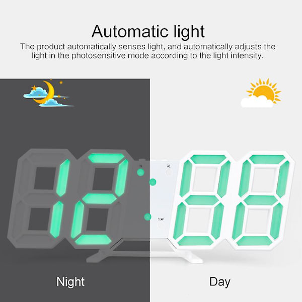 Digital 3D LED Stor Vägg- och Skrivbordsväckarklocka Snooze 12/24 Timmar Automatisk Ljusstyrka USB