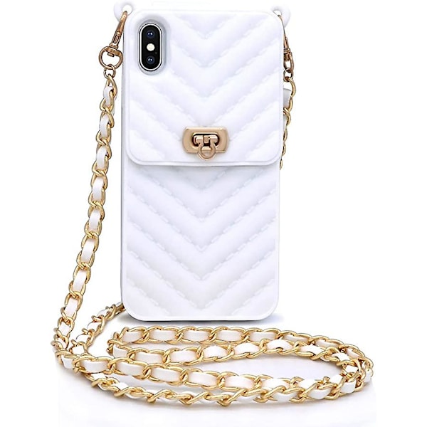 Iphone X / XS wallet mobile phone case with neck and messenger chain credit card slot girl women's Silicone shockproof mobile phone caseWhite