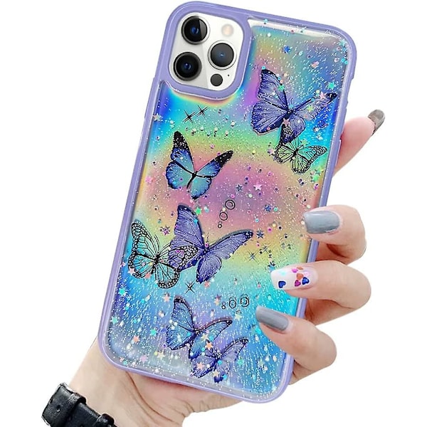 Jenteveske for iPhone 11 Pro - Søt Regnbuefarget Sommerfugl Design med Laser Bling Glitter Stjerner for Jenter og Kvinner - Myk TPU Bumper med Fallbeskyttelse