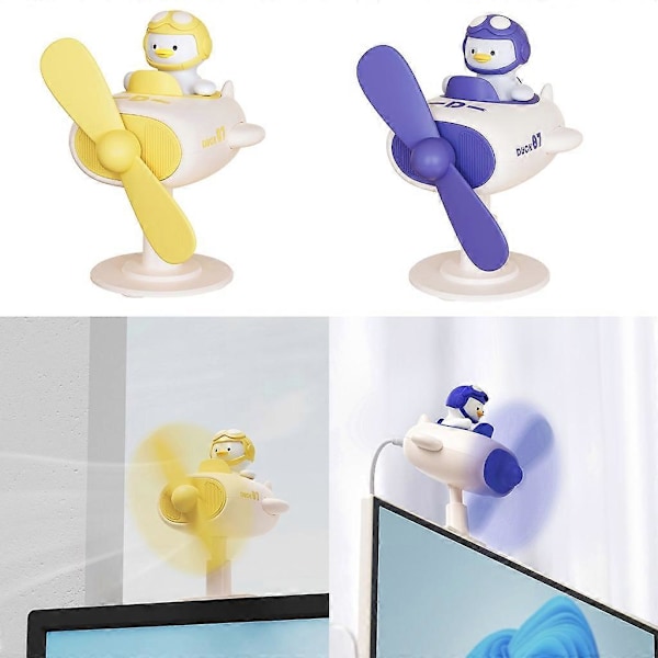 Sööt pieni keltainen ankka-lentäjän muotoinen USB-virralla toimiva monikulmainen pöytätuuletin kotiin