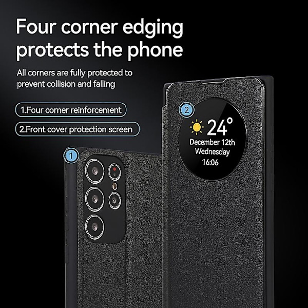 Fodral för Samsung Galaxy S24 Ultra, Smart Sömn/Väckningsfunktion Fönster Visa Premium Läder Flip Cover med Kortplats Stativ