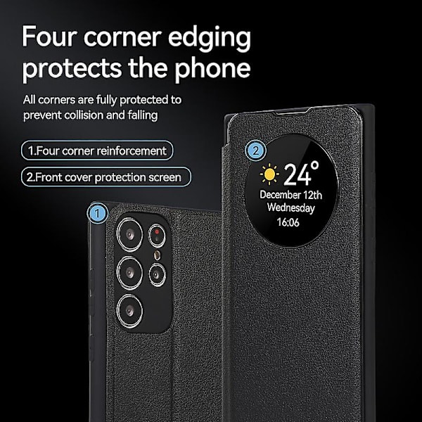 Til Samsung Galaxy S24 Ultra Etui, Smart Sleep/Wake Up Funktion Visningsvindue Premium Læder Flip Cover med Kortslot Støttefod