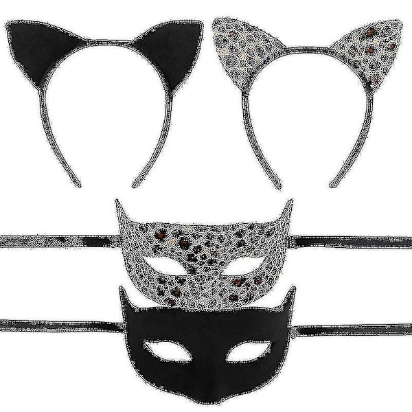 4 Pcs Cat Ear Headband And Masquerade Mask Costume Cosplay