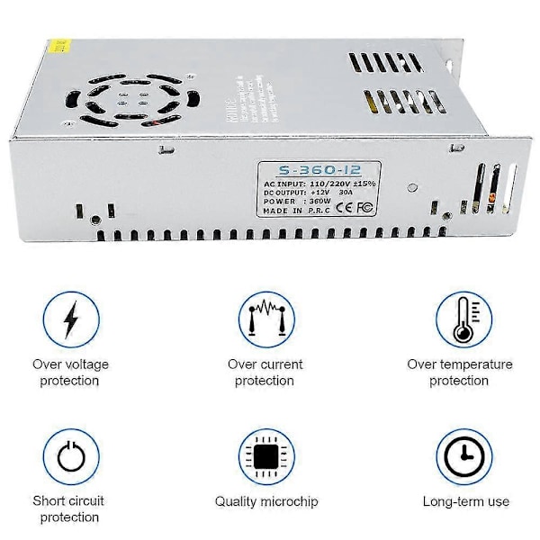 12V 30A 360W, DC Universal Reglerad Växlande Strömförsörjning, Konverterare AC 110/220V till DC 12 Volt LED-drivare, Transformator, Adapter för LED-remsa