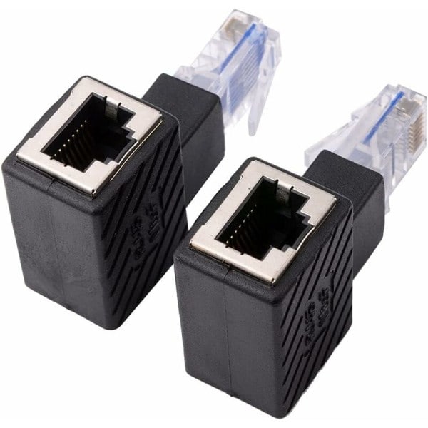 2 x 90 graders Ethernet adapter, højre + venstre vinkel, RJ45 stik til fatning, adapter, skærmet, netværksforbindelse, Cat5 Cat6 kompatibel