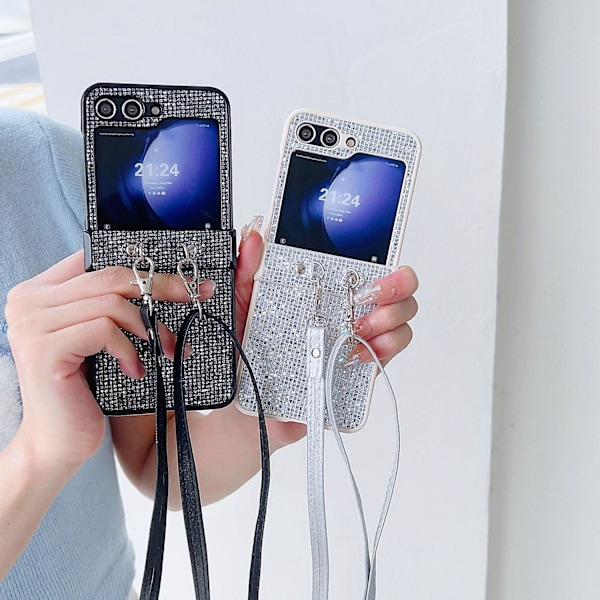 Til Samsung Galaxy Z Flip 6 Etui, Bling Skinnende Glitter Hård PC Stødsikker Cover med Krydsrem til Galaxy Z Flip 6