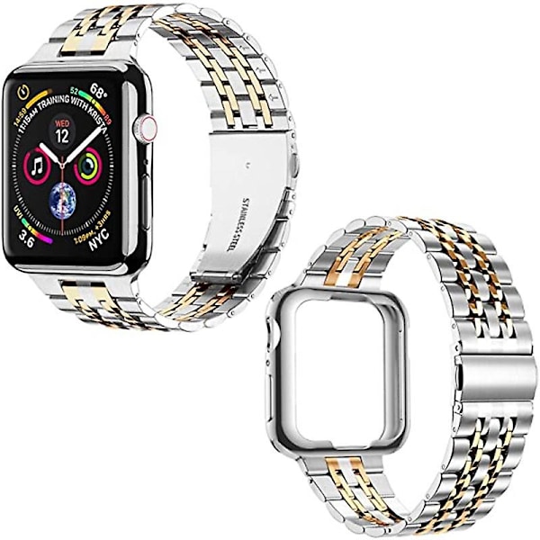 Kompatibel med Apple Watch armband 42mm 44mm 45mm, Solid rostfritt stål metallband för iWatch-serien, Silver/Roséguld