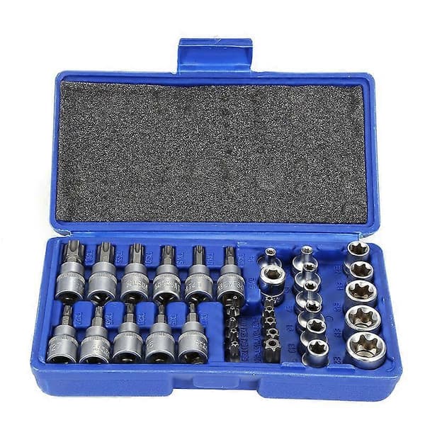 34 Dele Torx Sokkelsæt 3/8', CR-V Materiale profil E4-E20, Stjerneformet Torx Bit 5/16'-3/8' i Stål S2 profil T10-T60