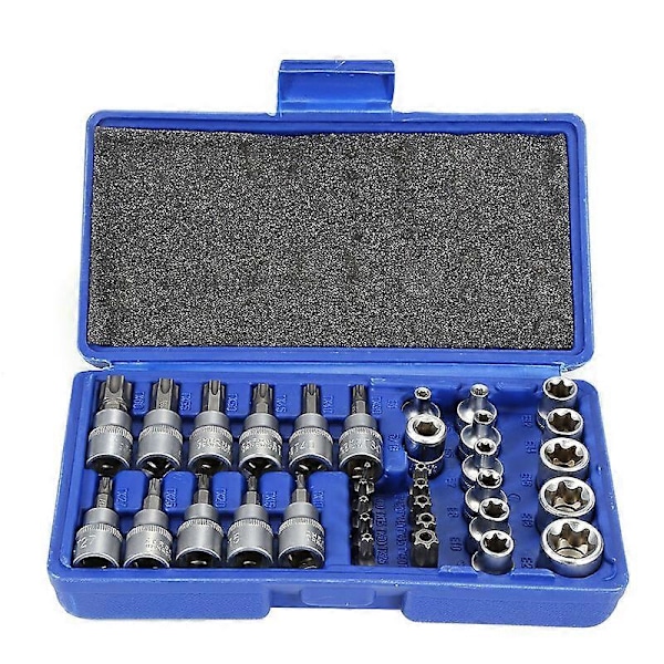 34-delt Torx-sokkelsett 3/8', CR-V-materiale profil E4-E20, stjerneformet Torx-bit 5/16'-3/8' i stål S2-profil T10-T60