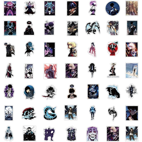 50 stk Solo Leveling Manga Klistremerker for Tenåringer Bærbar PC, Kule Japanske Anime Vinyl Graffiti Dekaler for Gutter Skateboard Sykkel Bil Vannflasker