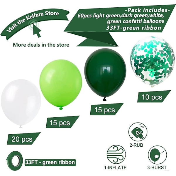 Grøn og Hvid Ballon Sæt - 60 stk. Festballoner - Grøn Konfetti til Børnefødselsdag - Stærke Latex Ballonpakke til Babyshower, Junglefest